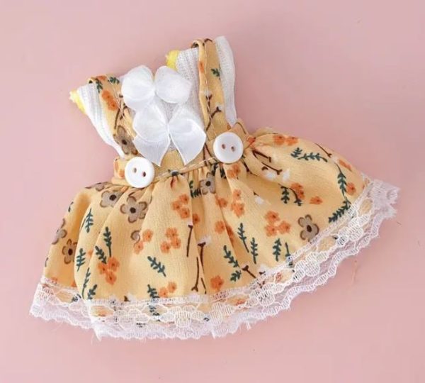 Yellow Floral Overall Skirt with White Bow Blouse Dress for 6" Dolls (4" Long)