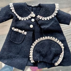 Black 8″ doll size felt coat with cotton lace, pearl buttons (see pic of back) + hat handmade