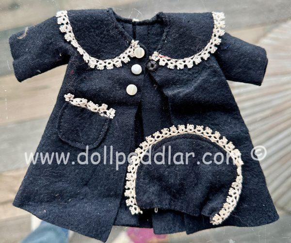 Black 8" doll size felt coat with cotton lace, pearl buttons (see pic of back) + hat handmade