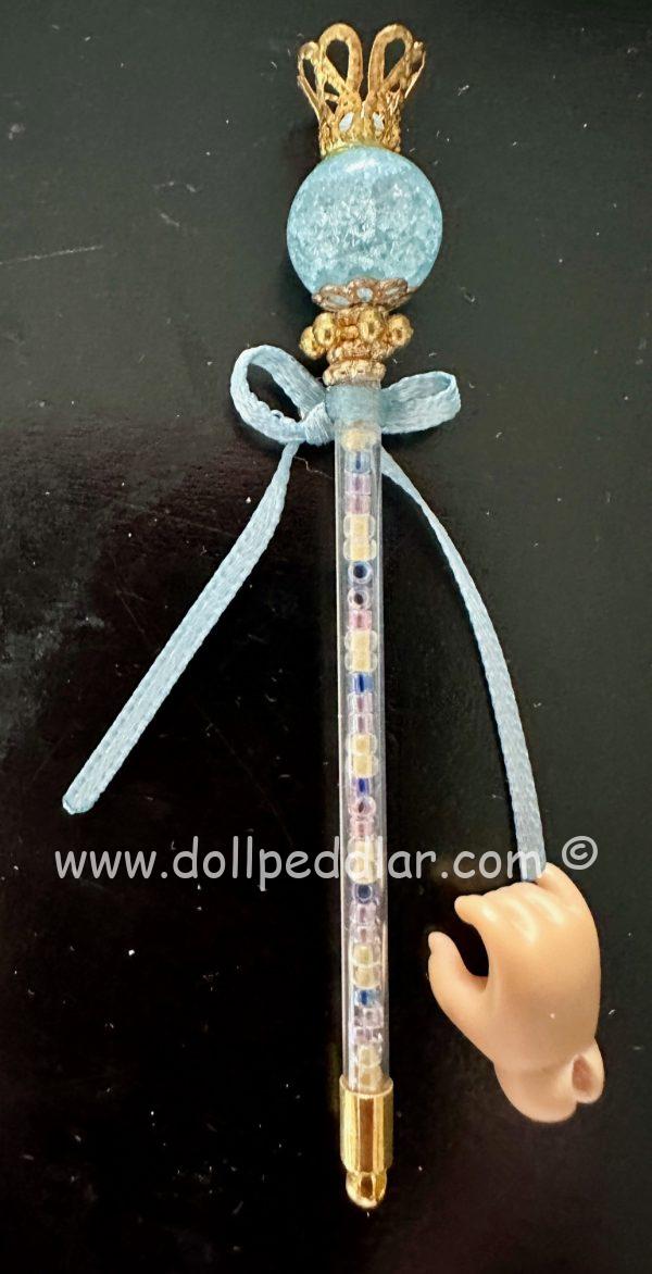 Scepter with blue ribbons and beading.  Grab hand in tan resin is included.  Mint. Suitable 4" - 10" dolls