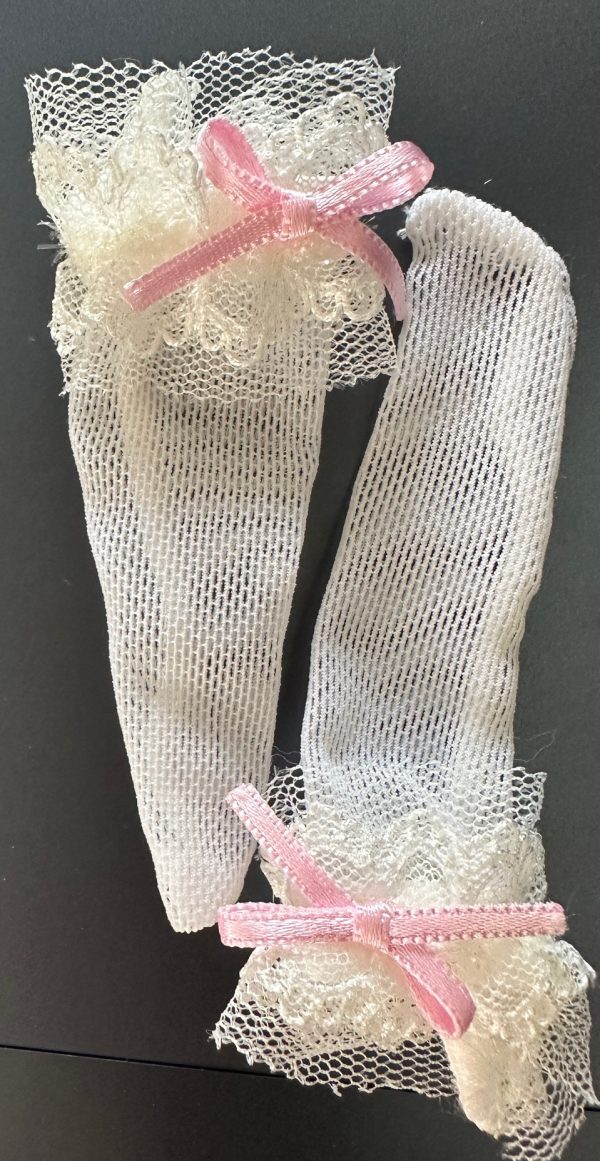 Sheer White Stockings with lace tops & pink ribbon.  2.75", 7cm