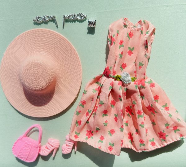 Wide brim picture hat with flower print on orange belted dress, handbag, shoes, jewelry fits Barbie, Integrity, JHDFashion,  and more 12" dolls - Image 2
