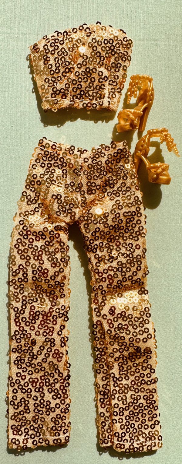 Gold sequined wide leg pant + gold sequin top plus jewelry set for 12". Barbie. JHDFashion & similar size dolls