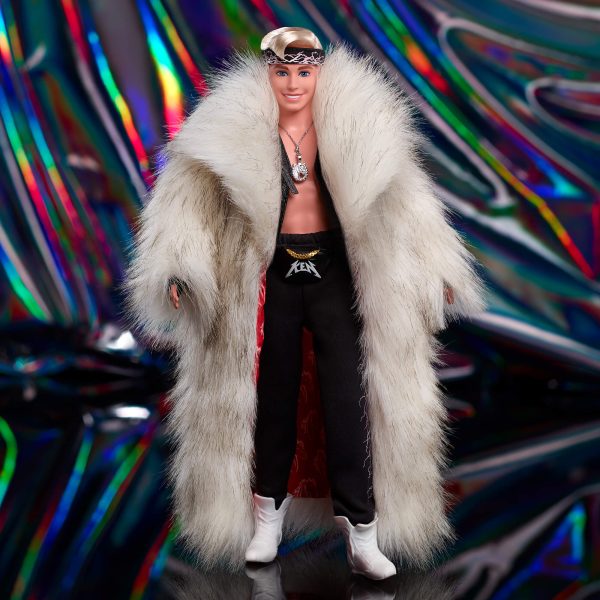 Barbie the Movie  Ken Doll in Faux Fur Coat and Black Fringe Vest NRFB in Shipper