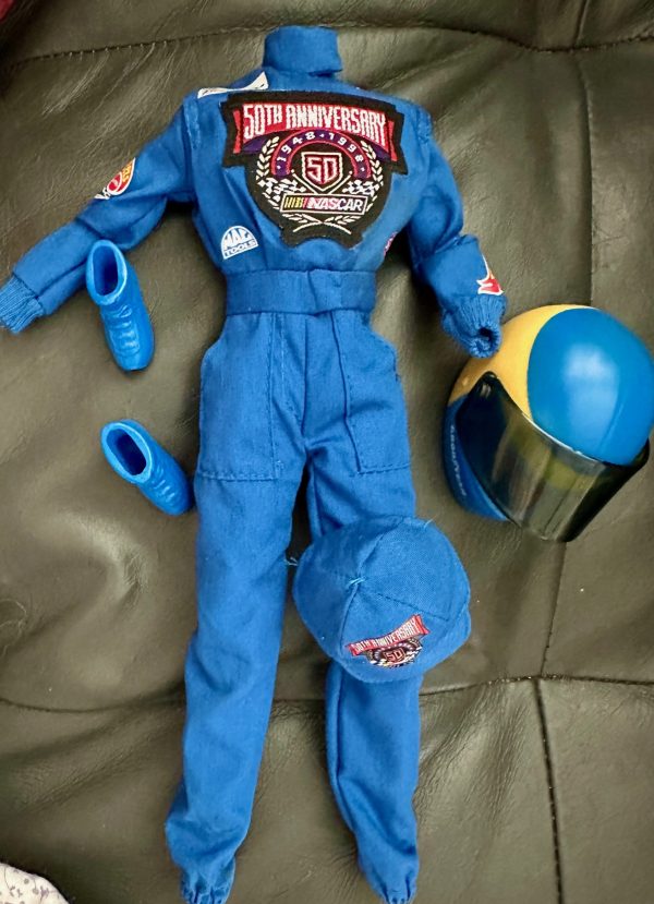Barbie NASCAR overalls including hard helmet, boots, cap  - New Mint