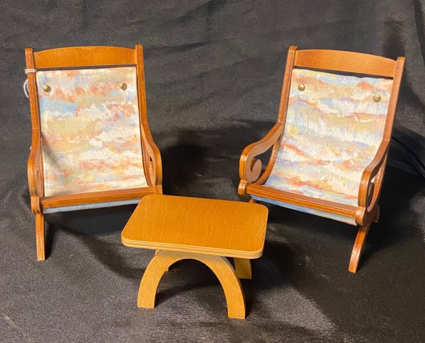 Furniture: Brown Wood and Canvas Deck/Arm Chairs and Table Set (12" - 1/6 Size)