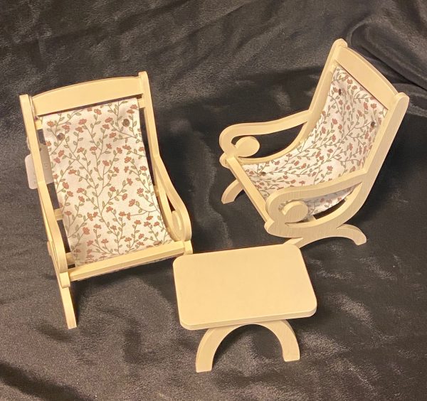 Furniture: Cream Wood and Canvas Deck/Arm Chairs and Table Set (12" - 1/6 Size)