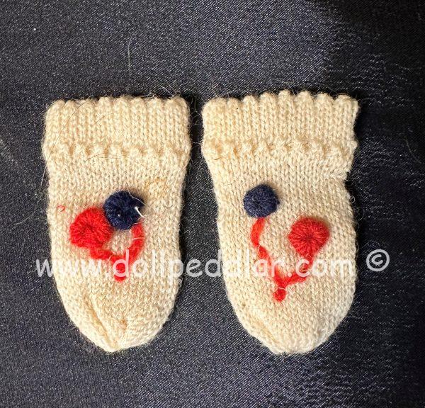 3" Doll Mittens, Cream Knit Mittens with Embroidered Design - Image 2