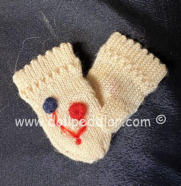 3" Doll Mittens, Cream Knit Mittens with Embroidered Design