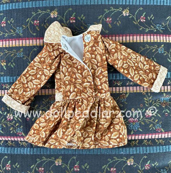 Dress & tights reminiscent of Autumn   Patterns: leaves, stripe tights, tan print cuffs.  fits 10" Dolls - Image 3