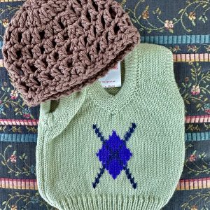 Green Knit Sweater and Brown Beanie for 18″ Dolls – American Girl size