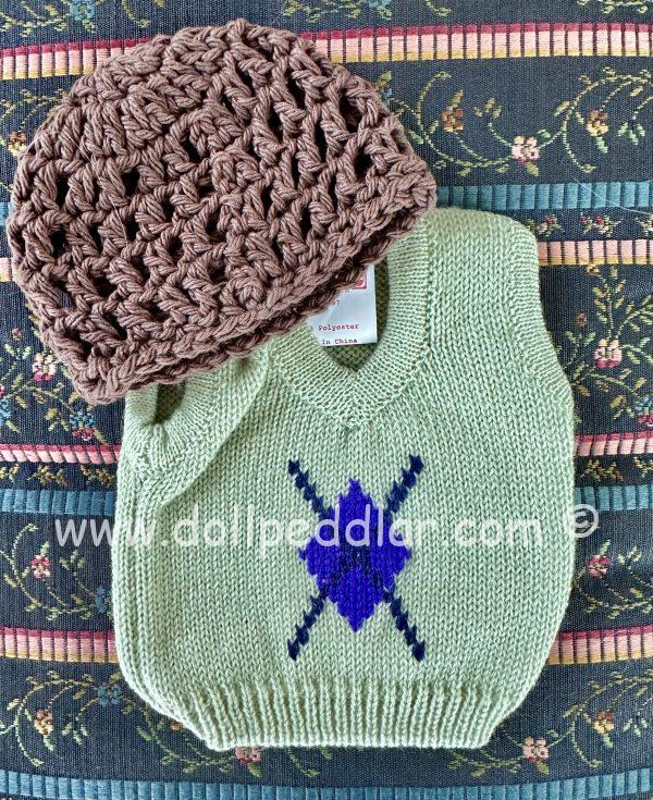 Green Knit Sweater and Brown Beanie for 18" Dolls - American Girl size