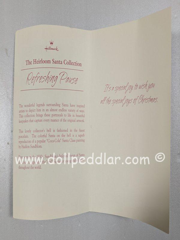 Hallmark Collections Heirloom Santa Collector's Porcelain Bell Refreshing Pause (Coca-Cola) 1991 - Image 6