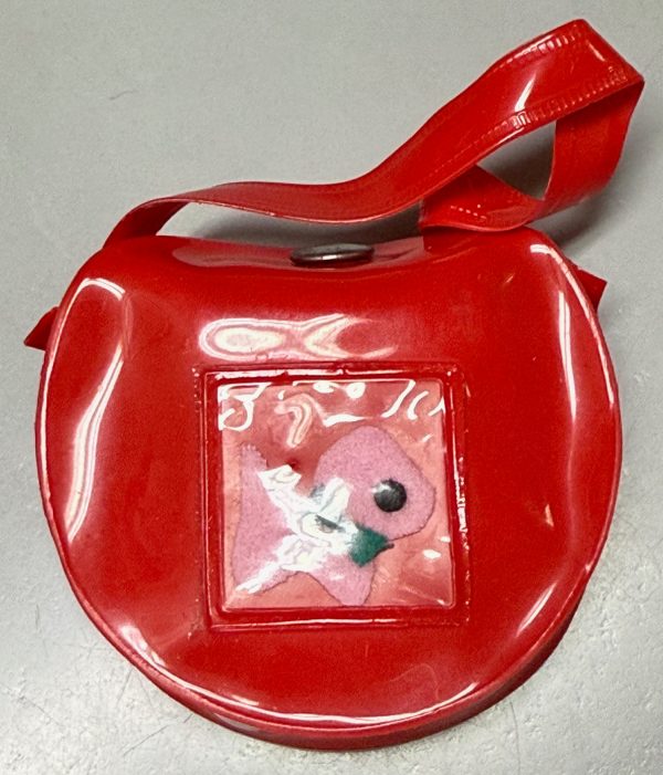 Vintage Red Shiny Vinyl Bag with Pink Felt Dog 2.5" x 2"