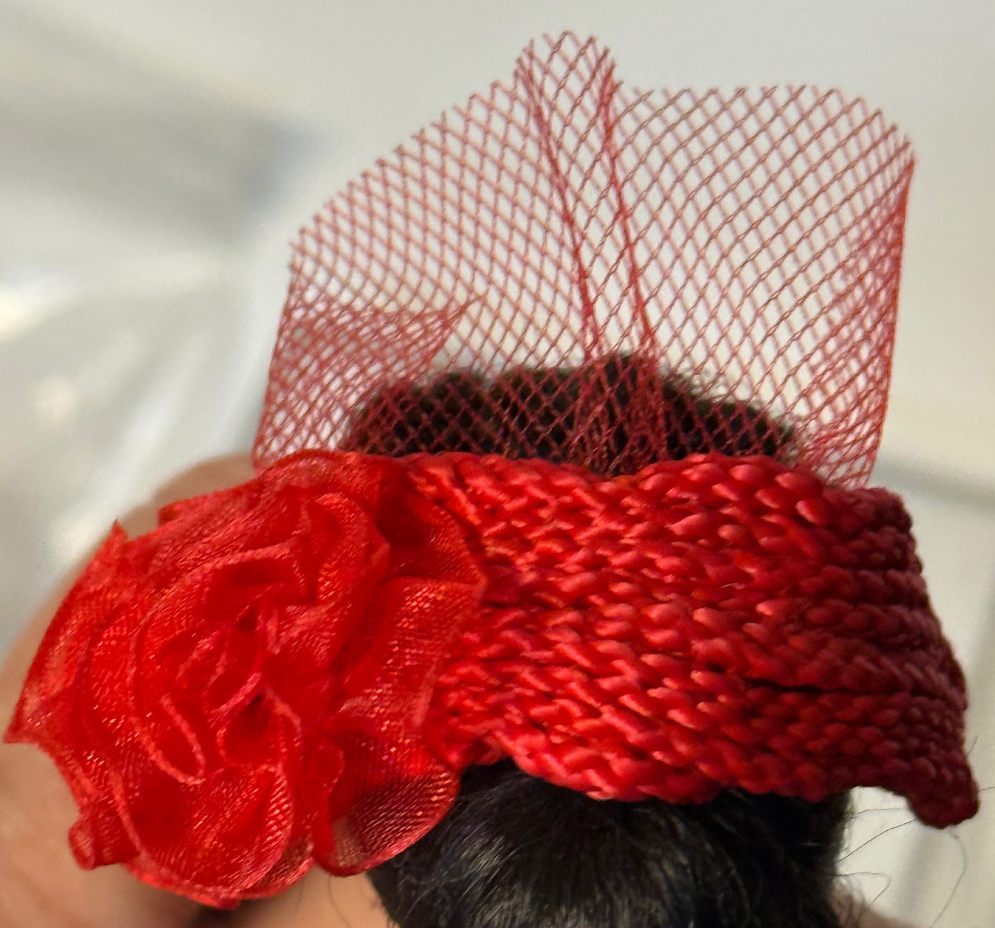 Vintage Red Straw Hat with Veil (Fits Barbie) - Image 3